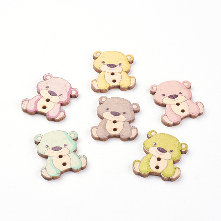 Honeyhandy 2-Hole Printed Wooden Buttons, Bear, Mixed Color, 27.5x23.5x2.5mm, Hole: 2mm