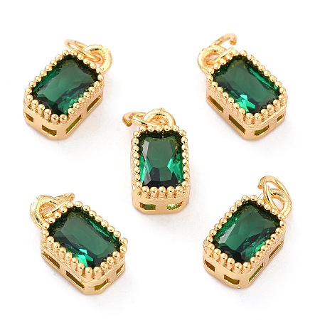 Honeyhandy Real 18K Gold Plated Brass Inlaid Cubic Zirconia Charms, with Jump Ring, Long-Lasting Plated, Rectangle, Green, 9.5x5x3.5mm, Jump Ring: 4x0.5mm, 2.5mm Inner Diameter