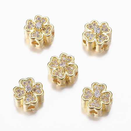 Honeyhandy Rack Plating Brass Micro Pave Cubic Zirconia Beads, Flower, Real 18K Gold Plated, Mixed Color, Mixed Color, 8x5mm, Hole: 1.5mm