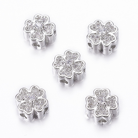 Honeyhandy Rack Plating Brass Micro Pave Cubic Zirconia Beads, Flower, Clear, Real Platinum Plated, 8x5mm, Hole: 1.5mm