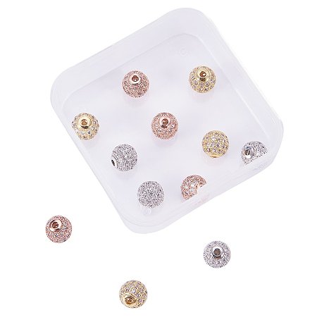 NBEADS 1 Box 12pcs 3 Colors 8mm Clear Crystal Cubic Zirconia Pave Micro Setting Disco Ball Spacer Beads, Brass Round Bracelet Connector Charms Beads for Jewelry Making