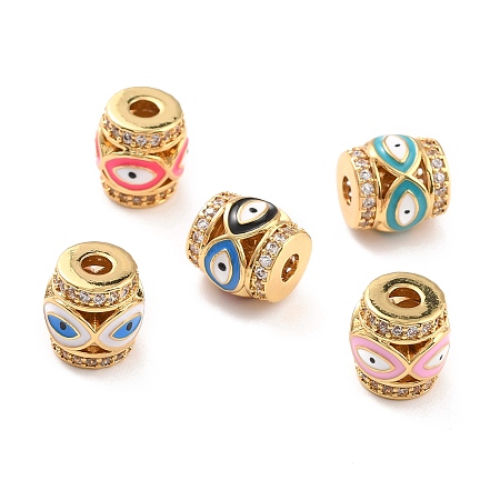 Honeyhandy Real 18K Gold Plated Brass Micro Pave Clear Cubic Zirconia Beads, Cadmium Free & Nickel Free & Lead Free, with Enamel, Column with Evil Eyes, Mixed Color, 10x9.5mm, Hole: 3mm