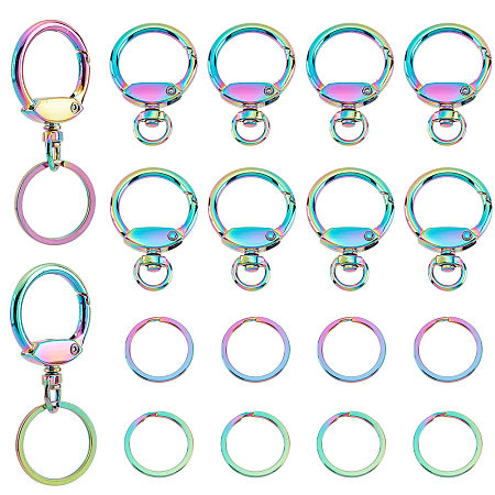 PandaHall Elite 10Pcs Zinc Alloy Swivel Clasps, Keychain Swivel Snap Clasps, with 10Pcs Ion Plating(IP) 304 Stainless Steel Split Key Rings, Rainbow Color, Clasps: 43x29.5x6mm, Hole: 4.5x8.5mm; Key Rings: 25x2mm