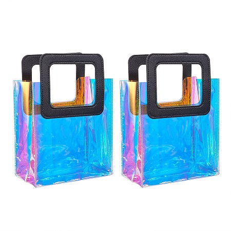 Arricraft PVC Laser Transparent Bag, Tote Bag, with PU Leather Handles, for Gift or Present Packaging, Rectangle, Black, 25.5x18cm, 2pcs/set