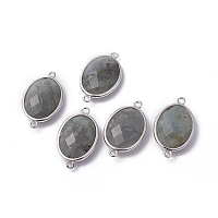 Honeyhandy Platinum Tone Brass Natural Labradorite Links connectors, Faceted, Oval, 26.5x15x6mm, Hole: 1~2mm