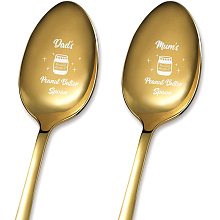 GLOBLELAND 2Pcs Dad's & Mum's Peanut Butter Coffee Spoon with Gift Box Golden Stainless Steel Table Spoons for Friends Families Festival Christmas Birthday Wedding, 7.2''