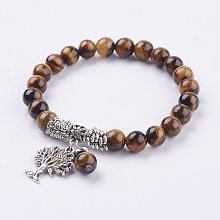 Honeyhandy Natural Tiger Eye Stretch Bracelets, with Tibetan Style Pendants,  2 inch(51mm)