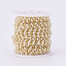 Honeyhandy Handmade Glass Beaded Chains, Soldered, with Brass Findings, with Spool, Long-Lasting Plated, Golden, Cube, White, 2.3~2.8x2.3~2.8x2.3~2.8mm, 2mm, about 32.8 Feet(10m)/roll