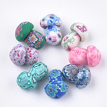 Honeyhandy Handmade Polymer Clay Beads, Half Drilled Beads, Mushroom with Flower, Mixed Color, 16.5~19.5x11~13x11~13mm, Half Hole: 0.7~1mm