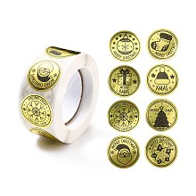 Honeyhandy Christmas Themed Flat Round Roll Stickers, Self-Adhesive Paper Gift Tag Stickers, for Party, Decorative Presents, Gold, 25x0.1mm, about 500pcs/roll