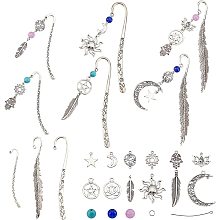 SUNNYCLUE DIY 6 Set Leaf Metal Hook Bookmarks Making Kit 6pcs Leaf Tibetan Style Alloy Bookmark with Feather Moon Sun Lotus Alloy Pendants & Turquoise Beads for DIY Alloy Bookmark Making