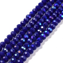 Electroplate Opaque Solid Color Glass Beads Strands, Half Rainbow Plated, Faceted, Rondelle, Blue, 4x3mm, Hole: 0.4mm, about 123~127pcs/strand, 16.5~16.9 inch(42~43cm)