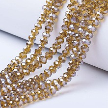 Honeyhandy Electroplate Glass Beads Strands, Pearl Luster Plated, Faceted, Rondelle, Dark Goldenrod, 4x3mm, Hole: 0.4mm, about 123~127pcs/strand, 16.5~16.9 inch(42~43cm)