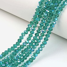 Honeyhandy Electroplate Glass Beads Strands, Half Rainbow Plated, Faceted, Rondelle, Dark Cyan, 4x3mm, Hole: 0.4mm, about 123~127pcs/strand, 16.5~16.9 inch(42~43cm)