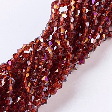 Honeyhandy Electroplate Glass Beads Strands, Half Plated, Faceted, Bicone, Red, 3x3mm, Hole: 1mm, about 128~135pcs/strand, 13.8 inch