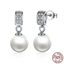 Honeyhandy Anti-Tarnish Rhodium Plated 925 Sterling Silver Cubic Zirconia Stud Earrings, with Round Shell Pearl, Platinum, 17mm, Pin: 0.8mm