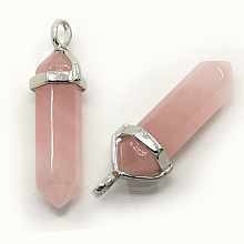 Honeyhandy Natural Rose Quartz Double Terminated Pointed Pendants, with Random Alloy Pendant Hexagon Bead Cap Bails, Bullet, Platinum, 36~45x12mm, Hole: 3x5mm, Gemstone: 10mm in diameter