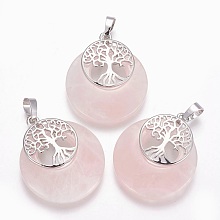 Honeyhandy Natural Rose Quartz Pendants, with Platinum Tone Brass Findings, Flat Round with Tree of Life, 32.5~33x27.5~28x5~6mm, Hole: 5x7mm