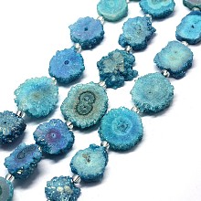 Honeyhandy Natural Druzy Quartz Crystal Beads Strands, Solar Quartz, Dyed, Nuggets, Deep Sky Blue, 14~22x13~20x4~6mm, Hole: 1.5~2mm, about 9~12pcs/strand, 7.7~7.9 inch(19.5~20cm)