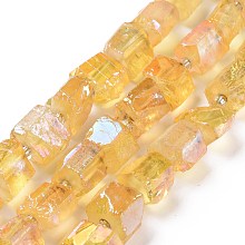 Electroplated Natural Quartz Beads Strands, Hexagon Prism, Irregular Shape, Khaki, 8~13x10~14x6~11mm, Hole: 1mm, about 15~16pcs/strand, 7.8~8 inch(20~20.5cm)