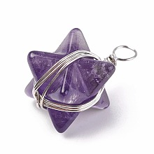 Honeyhandy Natural Amethyst Pendants, with Brass Findings, Merkaba Star, Platinum, 24~27x17x17mm, Hole: 3.5~4mm