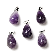 Honeyhandy Natural Amethyst Pendants, with Platinum Tone Brass Findings, Teardrop Charm, 20~21x11~12mm, Hole: 6x3.5mm