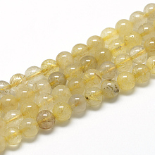 Honeyhandy Natural Gold Rutilated Quartz Beads Strands, Dyed, Round, 8~9mm, Hole: 1mm, about 45~48pcs/strand, 15.7 inch