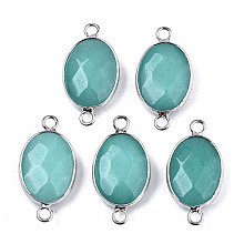 Honeyhandy Natural White Jade Links/Connectors, Platinum Tone Brass Edge, Faceted Oval, Dark Turquoise, 27.5x14~15x6mm, Hole: 2mm