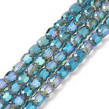 Electroplate Opaque Glass Beads, Faceted Barrel, Blue, 10x10mm, Hole: 1mm