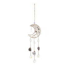 Honeyhandy Natural Fluorite Chips Beaded Moon with Tree of Life Hanging Sun Catchers, with Glass Teardrop, with Iron Findings, 415mm