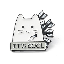 Honeyhandy Word It's Cool Alloy Brooch, Cat with Arrow Lapel Pin for Backpack Clothes, Electrophoresis Black, White, 26x28x2mm, Pin: 1mm