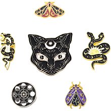 SUNNYCLUE 1 Box 6Pcs 6 Style Snake Enamel Brooches Cat Butterfly Pins Bulk Outdoors Enamel Moon Stars Flat Round Alloy Brooches for Backpacks Badges Hats Bags Shirt Women Decorations