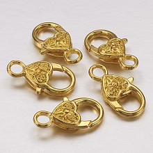 Honeyhandy Tibetan Style Heart Lobster Claw Clasps, Cadmium Free & Lead Free, Golden, 26.5x14x6mm, Hole: 4mm