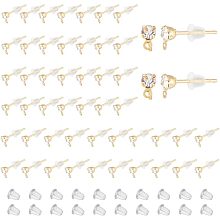 DICOSMETIC 100Pcs Rhinestone Earring Post Golden Earring Stud with Horizontal Loop Cubic Zirconia Stud Earring Brass Ear Stud with 200Pcs Earring Back for DIY Earring Jewelry Making, Pin: 0.7mm