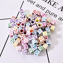 Honeyhandy Craft White Acrylic Beads, Cube with Mixed Color Mixed Expression, 6x6x6mm, Hole: 3.5mm, about 100pcs/bag