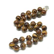 Honeyhandy Natural Tiger Eye Beaded Necklaces, with Alloy Lobster Clasps, Round, 18.8 inch~19.2  inch(48~49cm), round: 10mm