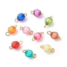 Honeyhandy Transparent Acrylic Connector Charms, Faceted, with Golden Plated Brass Double Loops, Round, Mixed Color, 14x7.5mm, Hole: 1.5mm and 2mm