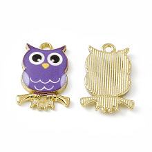 Painted Alloy Pendants, Owl Charm, Cadmium Free & Nickel Free & Lead Free, Golden, Medium Purple, 21.5x15x2.3mm, Hole: 2mm