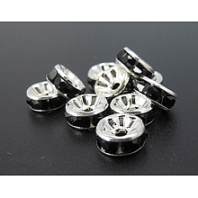 Honeyhandy Brass Rhinestone Spacer Beads, Grade A, Silver Color Plated, Rondelle, Black, Size: about 8mm in diameter, 3.5mm thick, hole: 2mm