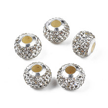 Honeyhandy Handmade Polymer Clay Rhinestone European Beads, with Silver Tone CCB Plastic Double Cores, Large Hole Beads, Rondelle, Crystal, 12.5~13x10mm, Hole: 4.5mm