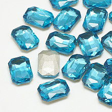 Honeyhandy Pointed Back Glass Rhinestone Cabochons, Faceted, Rectangle Octagon, Aquamarine, 14x10x4mm