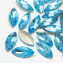 Honeyhandy Pointed Back Glass Rhinestone Cabochons, Back Plated, Faceted, Horse Eye, Aquamarine, 15x7x4mm