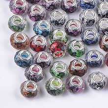 Honeyhandy Resin European Beads, Large Hole Beads, with Silver Color Plated Brass Cores, Faceted, Rondelle, Flower Pattern, Mixed Color, 13.5~14x9~9.5mm, Hole: 4.5mm