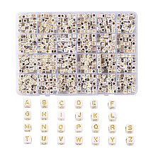 Plating Acrylic Beads, Metal Enlaced, Alphabet Style, Cube, Letter A~Z, 5.5~6x5.5~6x5.5~6mm, Hole: 3.5mm, 934pcs/box