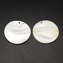 Honeyhandy Flat Round Freshwater Shell Pendants, Creamy White, 44~46x3mm, Hole: 2mm