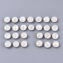 Honeyhandy Natural Freshwater Shell Beads, with Golden Plated Brass Etched Metal Embellishments, Horizontal Hole, Flat Round with Letter, Alphabet, Seashell Color, Letter A~Z, 8x3~5mm, Hole: 0.7mm, about 26pcs/set