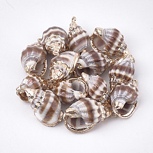 Honeyhandy Electroplate Spiral Shell Pendants, with Iron Findings, Golden, Sienna, 18~25x9~16x7~12mm, Hole: 1.6mm