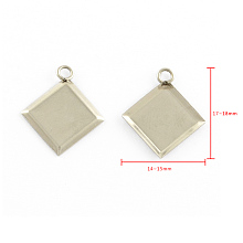 Honeyhandy Stainless Steel Pendant Cabochon Settings, Plain Edge Bezel Cups, Rhombus, Stainless Steel Color, Tray Side Length: 9.5mm, Diagonal Length: 12mm, 17~18x14~15x1mm, Hole: 2mm