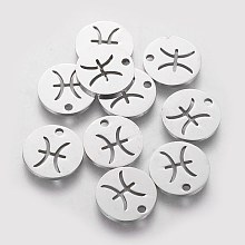 Honeyhandy 304 Stainless Steel Charms, Flat Round with Constellation/Zodiac Sign, Pisces, 12x1mm, Hole: 1.5mm