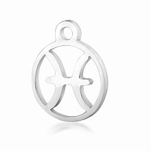 Honeyhandy 201 Stainless Steel Charms, Flat Round with Constellation, Stainless Steel Color, Pisces, 13.4x10.8x1mm, Hole: 1.5mm